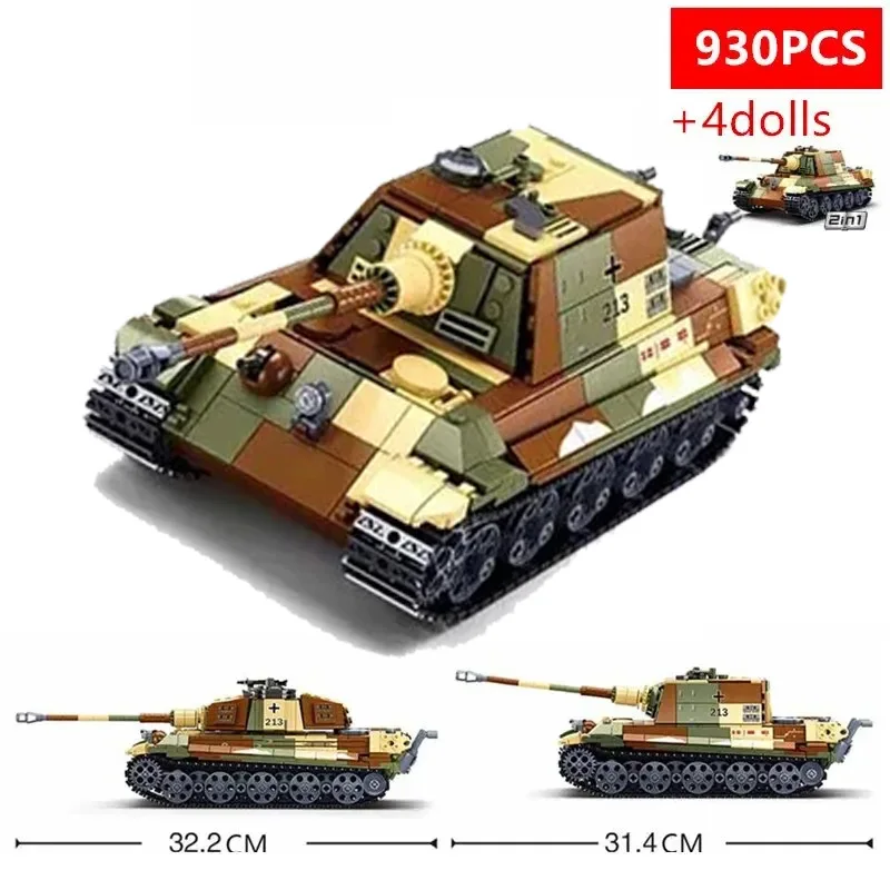 930PCS ARMY Tiger King Heavy Tank Building Blocks Land Force WW2 Military Soldier Figure Dolls Model Bricks DIY Toys For Kids