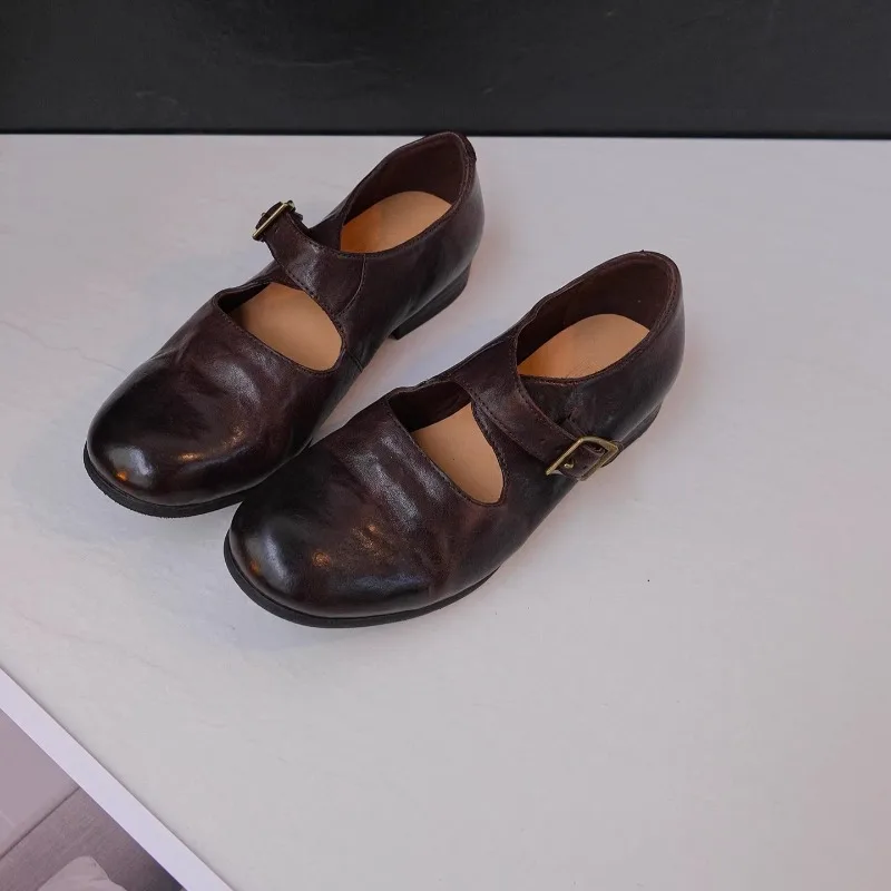 New Genuine Leather Retro Mary Jane Shoes Women Round Toe Casual Commute Round Toe Work Leather Shoes Female Spring Autumn