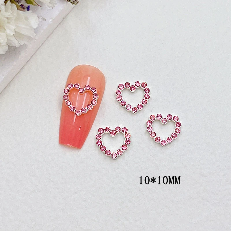 12Pcs 3D Metal Heart Nail Rhinestones Love Nail Charms Jewelry Red Pink White Crystal Glass Gems Nail Art Decorations Accessorie