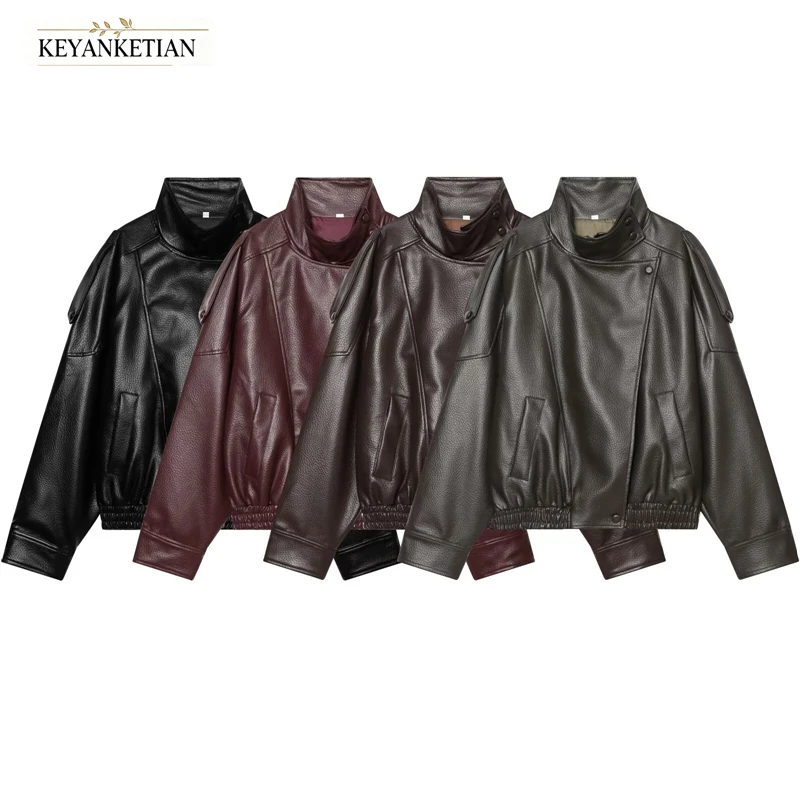 KEYANKETIAN 2026 Vintage Grain PU Leather Biker Coat Stand High Collar Epaulet Decor Side Pockets Elastic Cuff Hem Loose Jacket