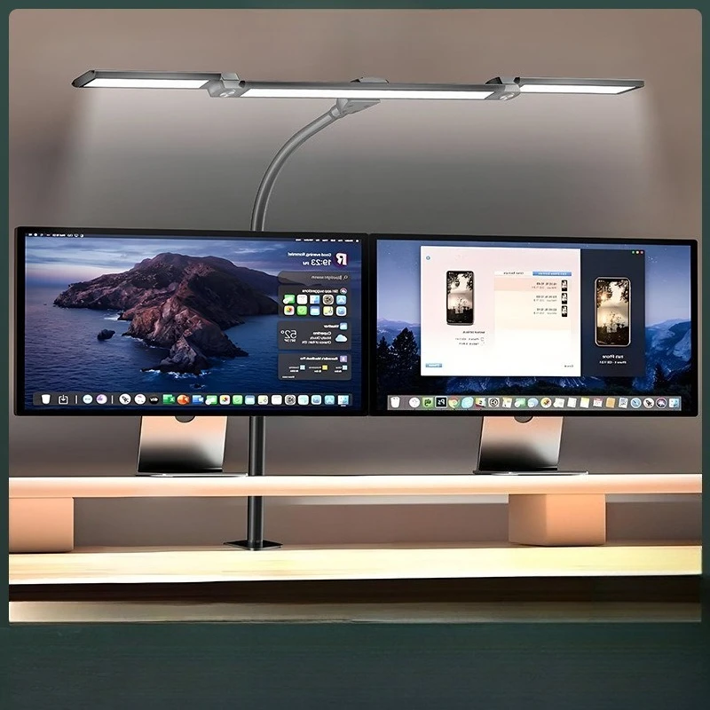 Triple Head LED Clip On Desk Lamp Adjustable Gooseneck Eye-Care Lighting for Computer Monitor Screen Reading
