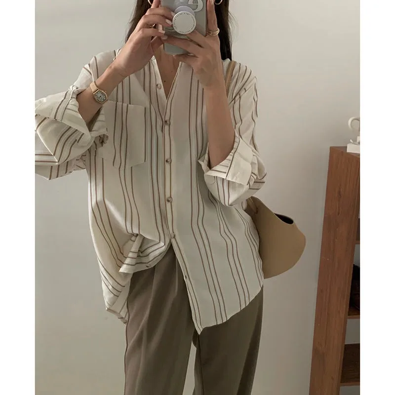 Striped Shirt for Women Elegant Social Women\'s Shirt Ladies Tops and Blouses Summer 2024 Long Sleeve Top Chiffon Blouse Tees