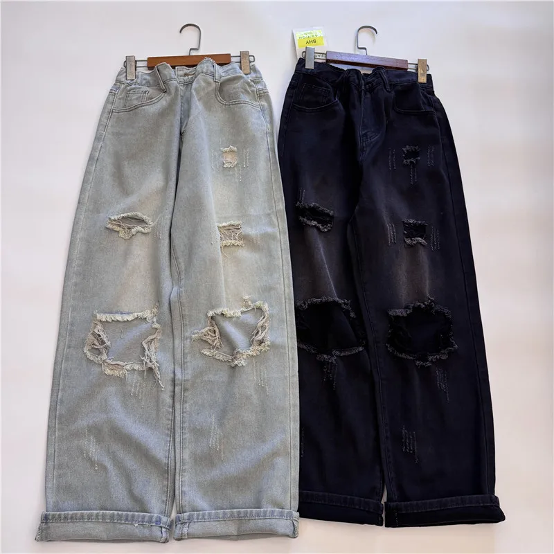 

Винтажные джинсовые прямые брюки для женщин, однотонные универсальные свободные рваные брюки, весенние широкие джинсы с высокой талией в американском стиле