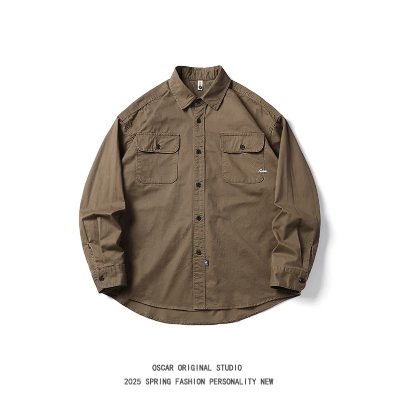

Japanese Retro Spring/autumn Multi-pocket Shirt with Lapel for Men 100% Cotton Washed Loose Fit Casual Long-sleeve Workwear Top