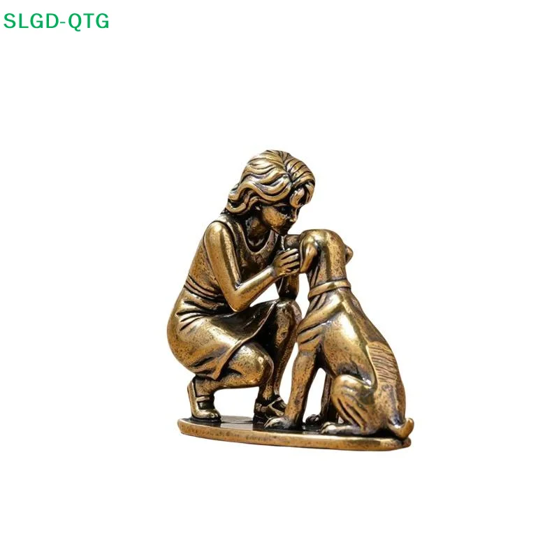 NEW Brass Girl Dog Figure Home Desk Ornament Retro Figurine Small Decorative Crafts Creative Decor