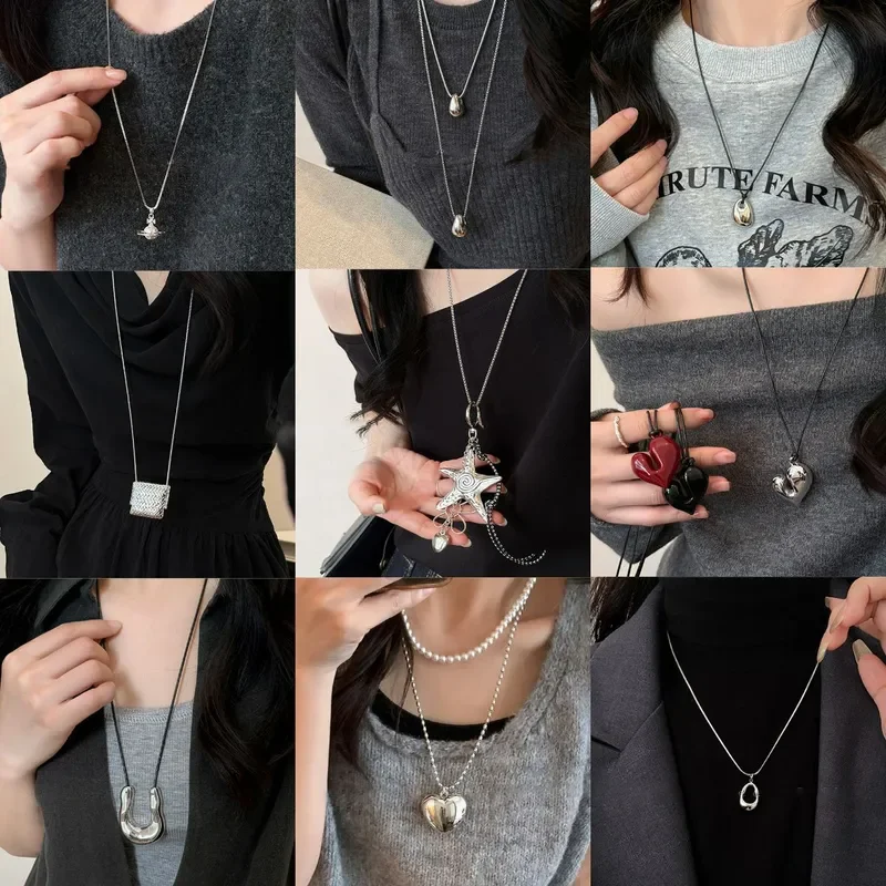 

2026 Wax Rope Geometric Oval Flower Love Star Pendant Necklace European American Niche Collarbone Chain Personalized