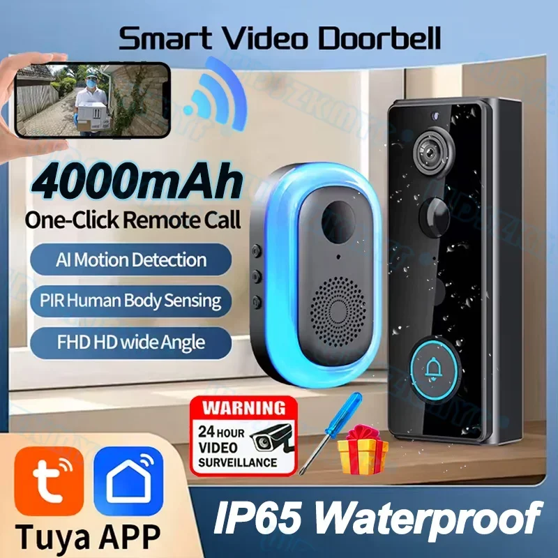 Tuya WIFI Doorbell With Camera 4000mah Wireless Bundle Video Doorbell HD IR Night Outdoor Phone Camera Security Video Intercom