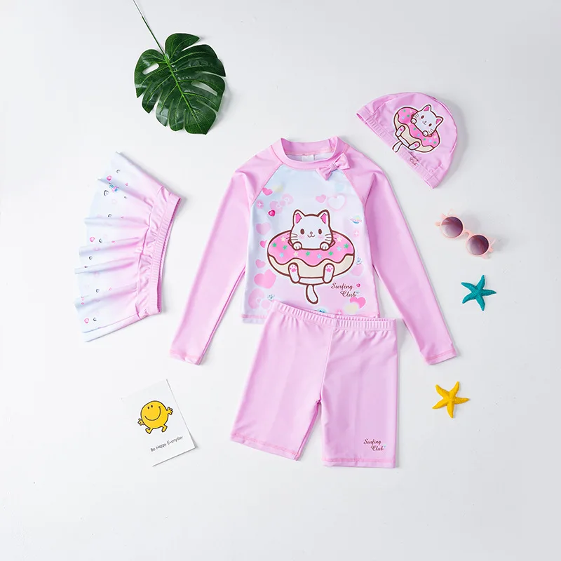 Cute Cartoon Split Swimsuit with Swim Cap for Girls, Long Sleeve, Sun Protection, Baby Swimwear Set, New, 2021, UPF50 +, 4Pcs