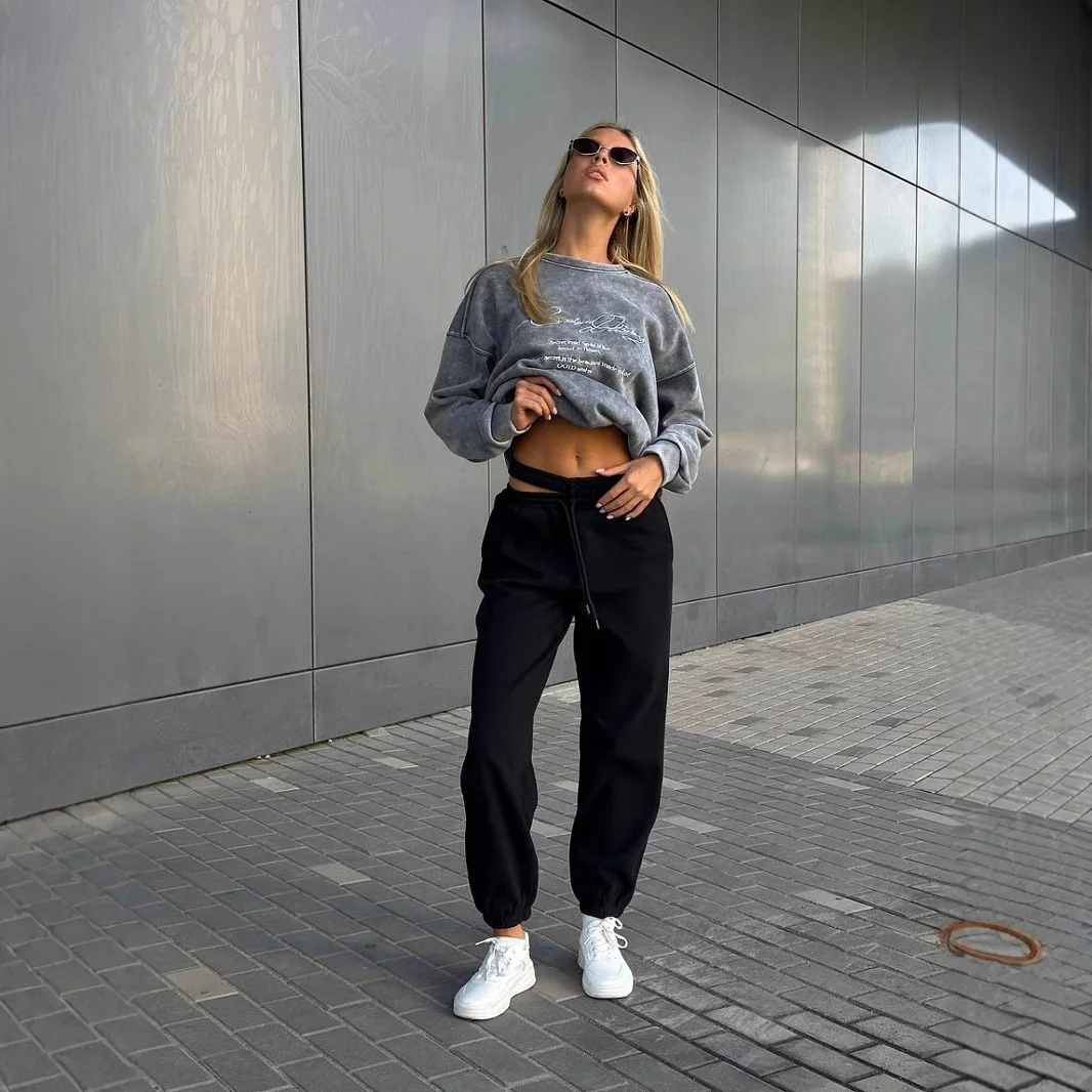 미국 레트로 스타일 아웃도어 더블 허리 디자인 캐주얼 팬츠 여성용 신상 솔리드 컬러 하이웨이스트 롱 스웨트팬츠