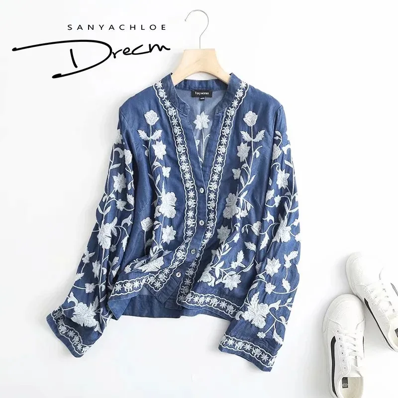 3/4 Sleeve Denim Shirt Women\'s Spring Summer Soft Jeans V Necks Floral Embroidery Blouses Thin Coat Tops New 2023 T35432M