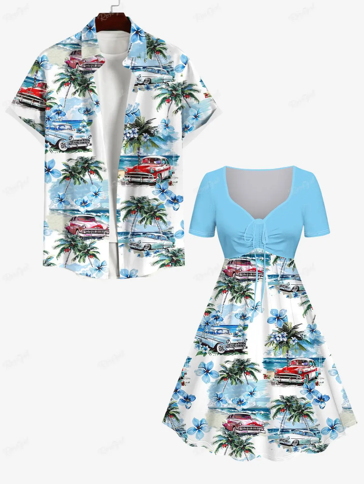 

Plus Size Cinched Dress فساتين couples clothing Sea Flower Car Coconut Tree Print and Button Pocket Shirt Matching Beach Outfit