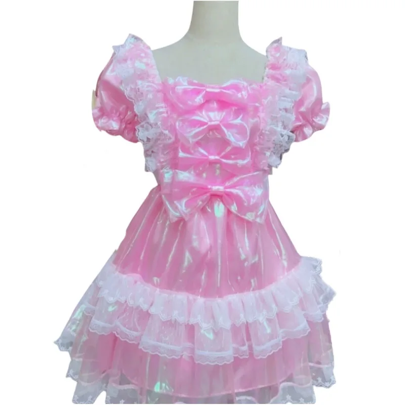 

Голографическое платье горничной для косплея, милое розовое кружевное платье Лолиты для девочек, ABDL, пышное платье принцессы с бантом и рукавами-пузырьками и рюшами