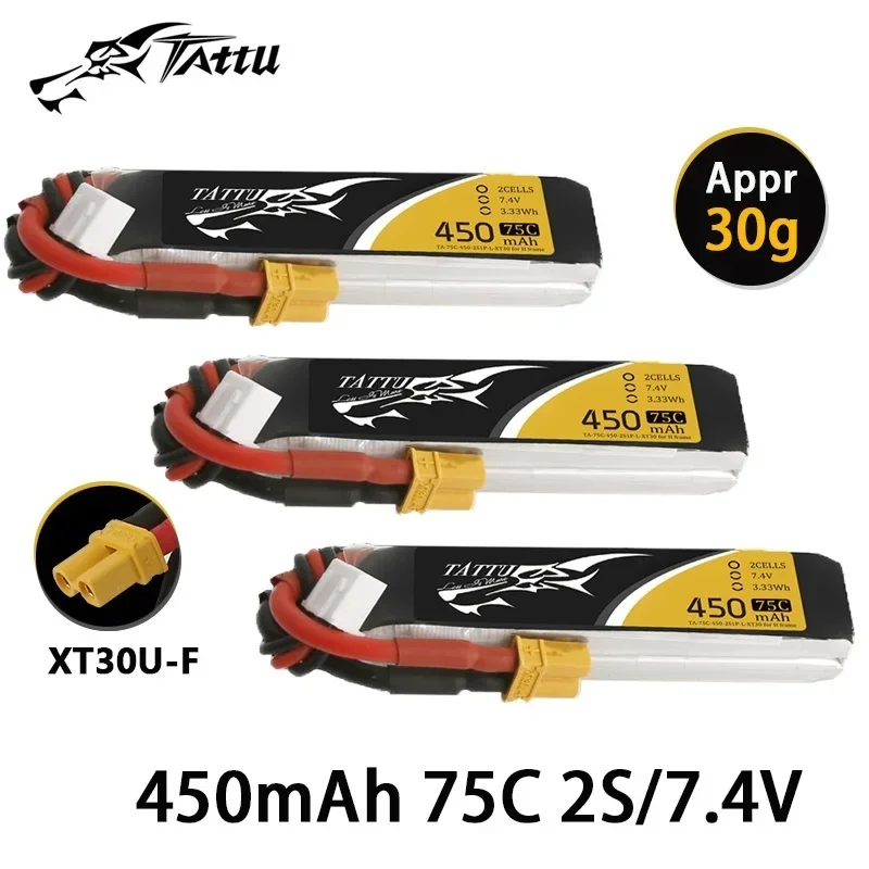 Tattu 450Mah 75c 2S 7.4V Lipo Batterij Voor Rc Helikopter Quadcopter Fpv Race Drone Onderdelen 2S Batterij Met Xt30 Plug