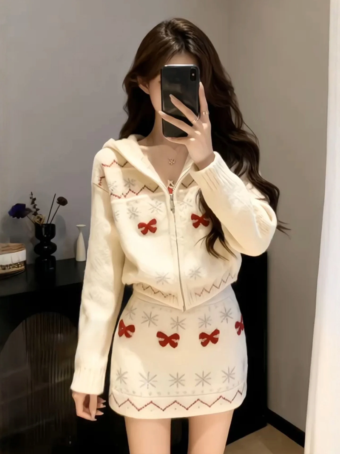 

Winter Faion plus Size Women's Knitted Hat Sweater And ort Skirt Set Casual Warm High Waist Knot High Quali