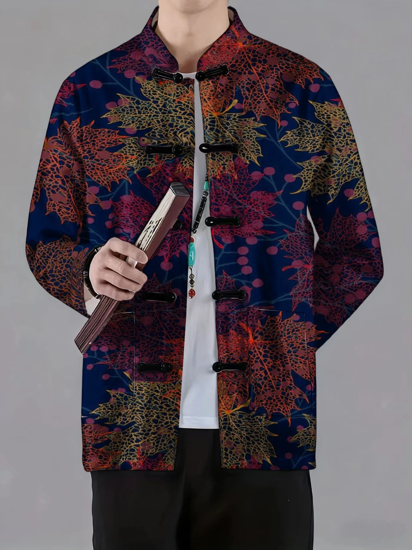Men Men Mandarin Collar Frog Button Jacket Maple Leaf Wave Palm Art Print Traditional Outerwear - Aliexpress Deal
