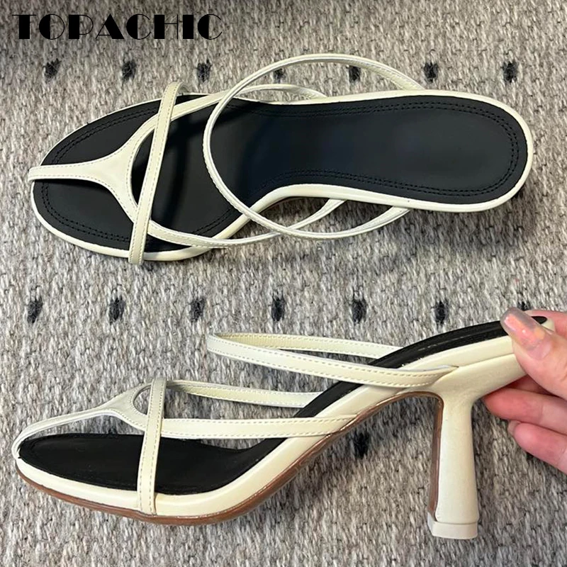 6.5 TOPACHIC Sheepskin Cross Strap  Round Toe Slippers Fashion High Heel Cross-Tied Peep Toe Sandals For Women