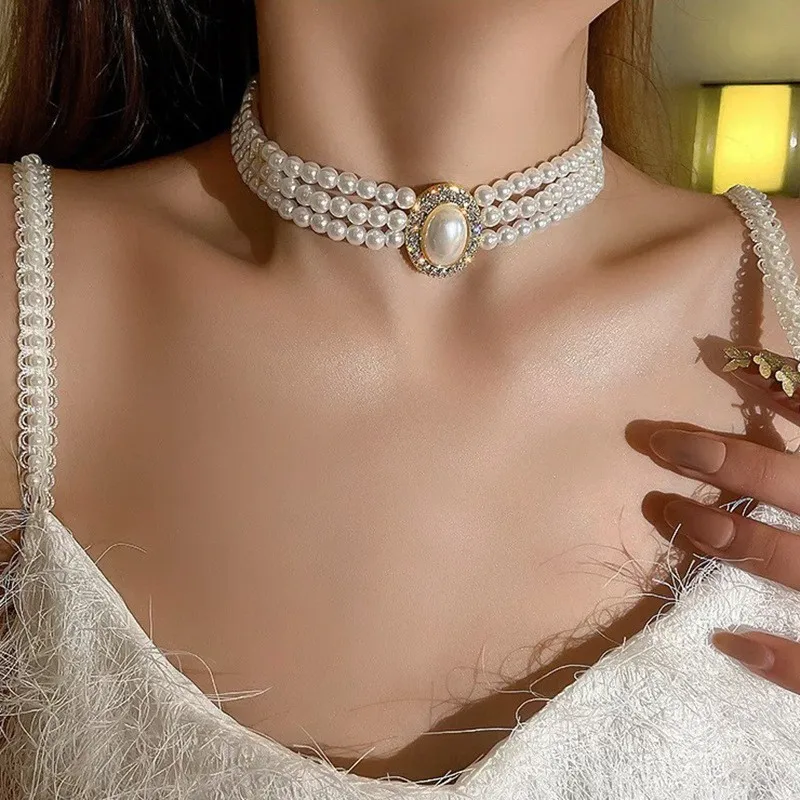

Multi Layer Pearl Necklace, Women's Jewelry Set with Diamonds, Oval Sweater Chain Necklace Formal Dress Collarbone Chain Vintage