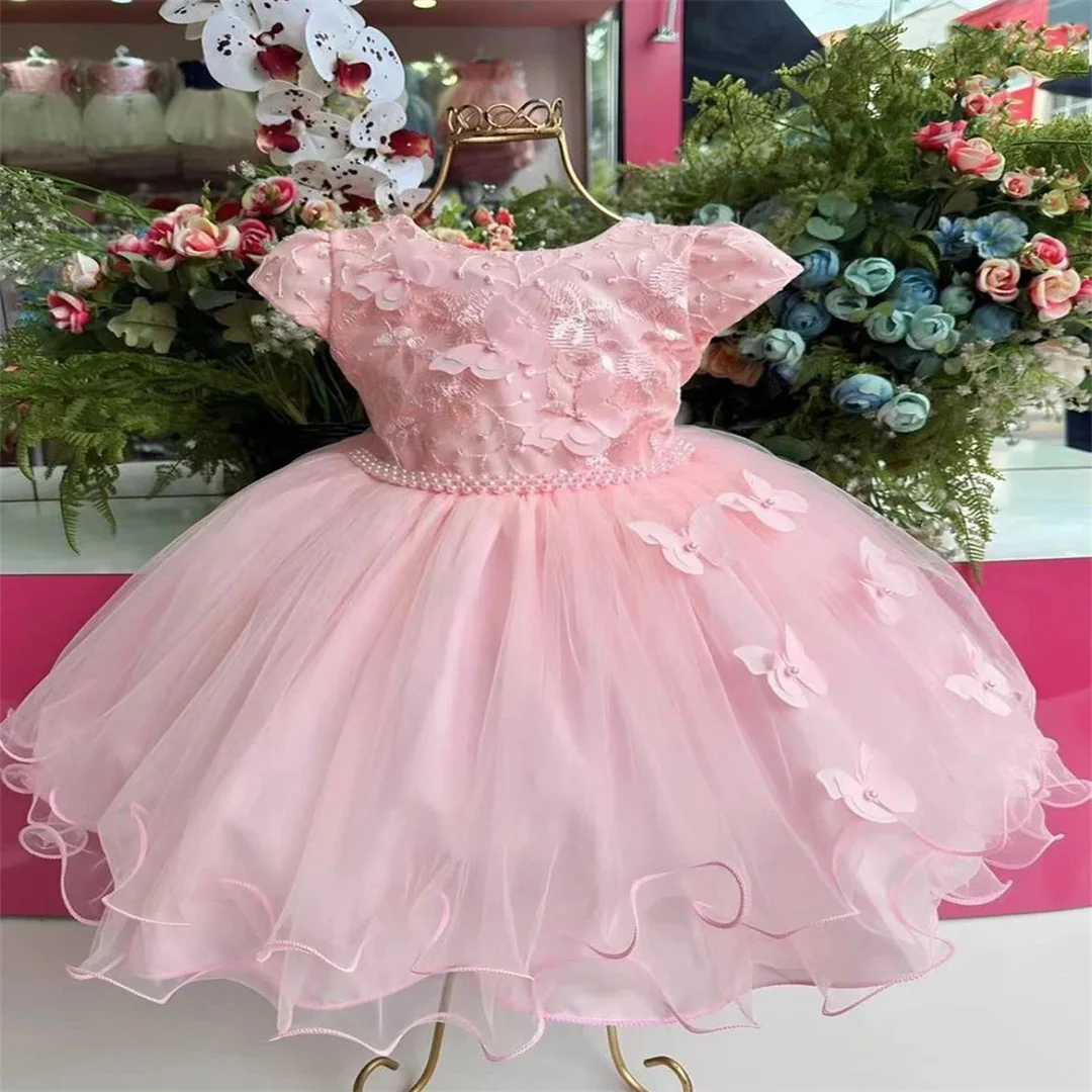 Vestidos florais rosa personalizados para meninas, vestidos de tule inchados com laço sem mangas para casamento, aniversário, banquete, concurso