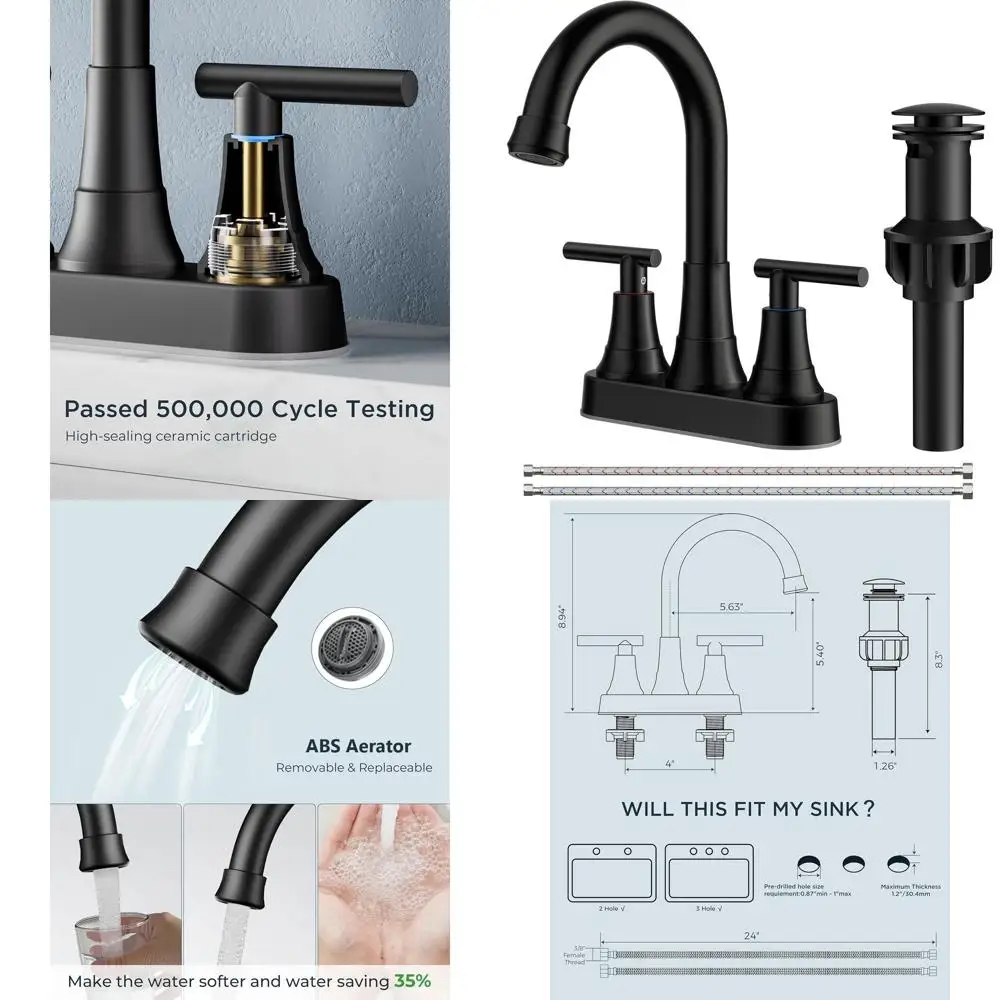 

4-Inch Centerset Matte Black Faucet with Pop-Up Drain, Dual Handle, 360° Swivel Spout for Bathroom Sinks, Ideal for Vanity and R