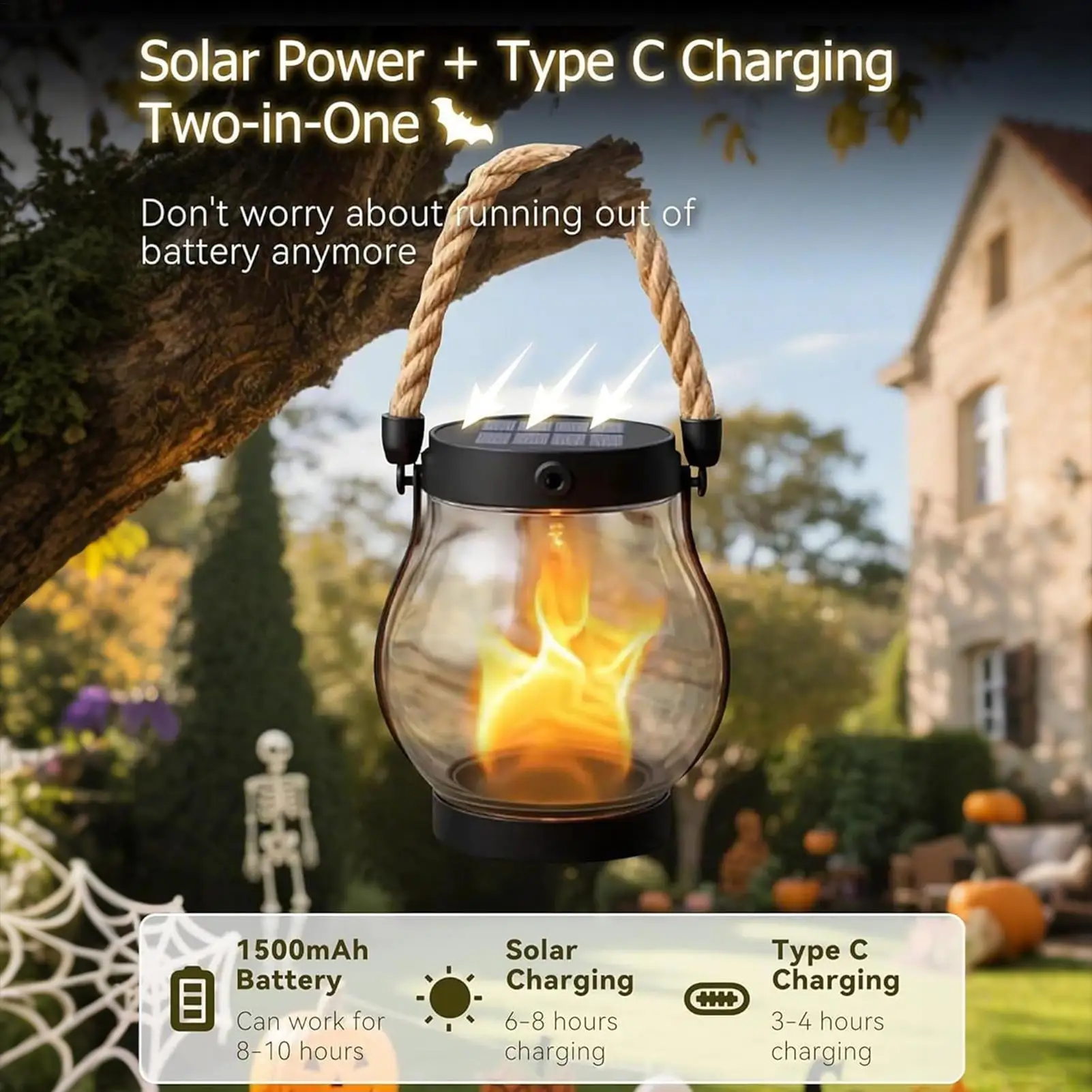 USB Rechargeable Solar Flame Light Solar Powered Hanging Lantern Hangable Light Outdoor Camping Light