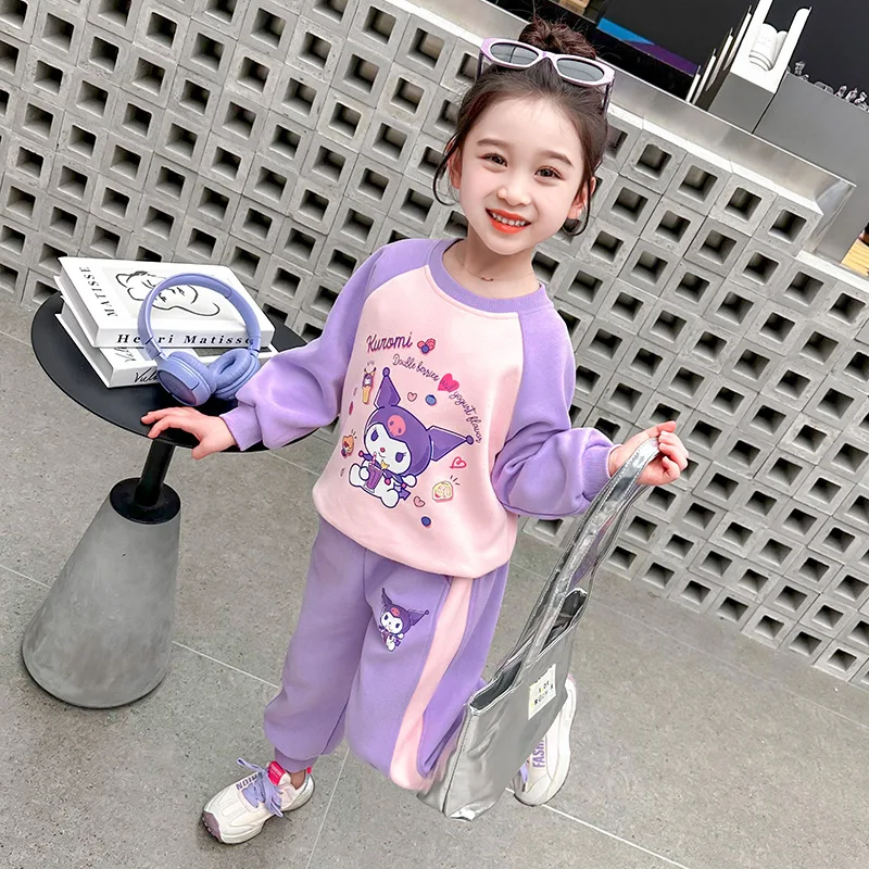 Sanrio Kuromi Cartoon Print Children's Clothing Sets Girls Sweashirt +Sweatpant 2 Pcs Suit Autumn Kids Tracksuit for 3-8Years