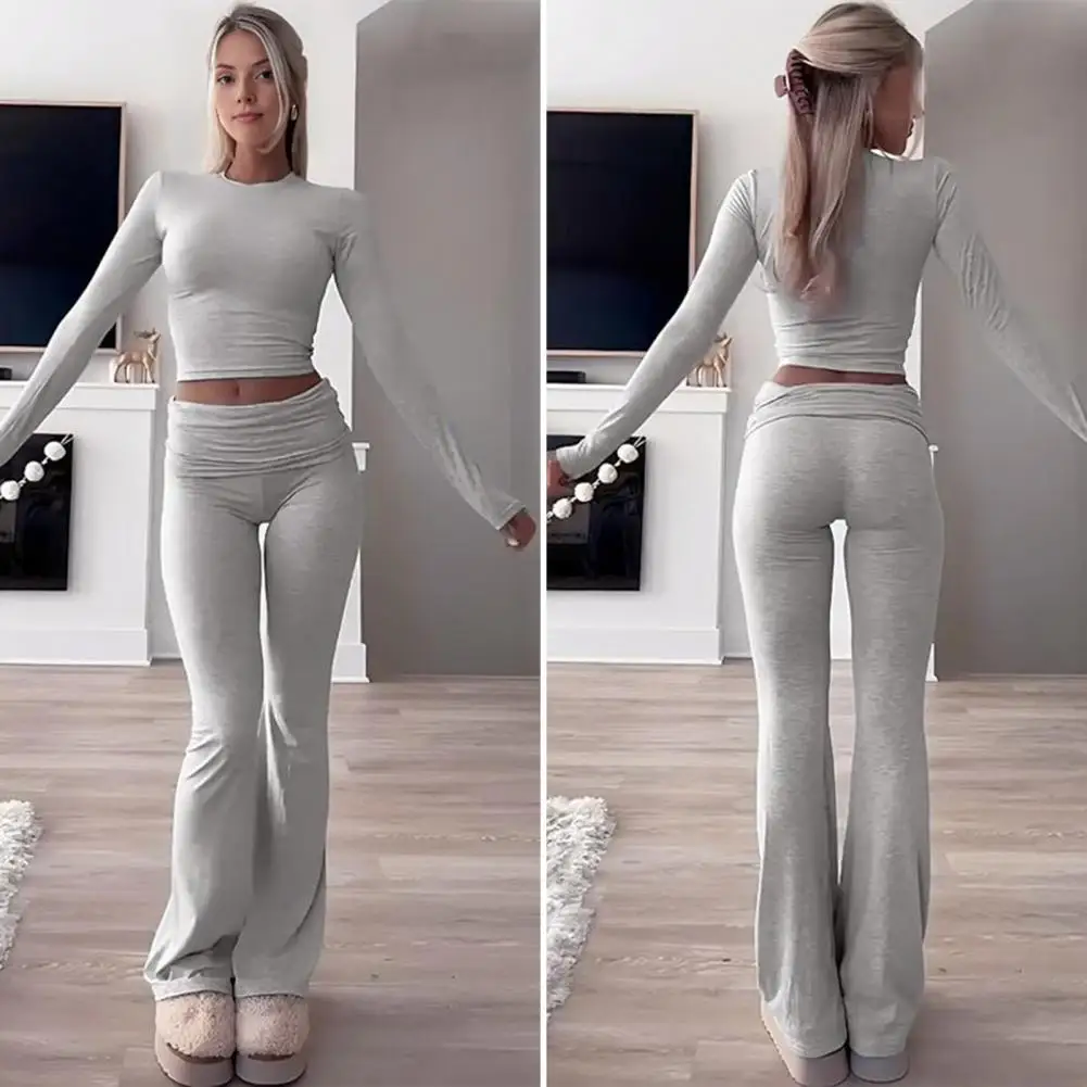 

Slim Fit Women's Suit Women's 2 Piece Outfits Long Sleeve Crop Top Ruched Low Waist Flared Pants Set Fall Casual Lounge Set