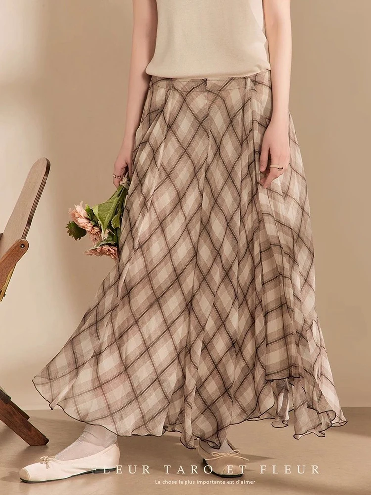 Zoki Vintage Plaid Long Skirt Women Boho Elegant High Waist A Line Skirts Casual Loose Retro Irregular Female Beach Long Skirts