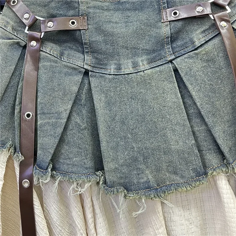 Retro Splicing Denim Pleated Skirt Women's Summer New Temperament Girl Fashionable High Waist A Line Skirt Denim Skirt 2025