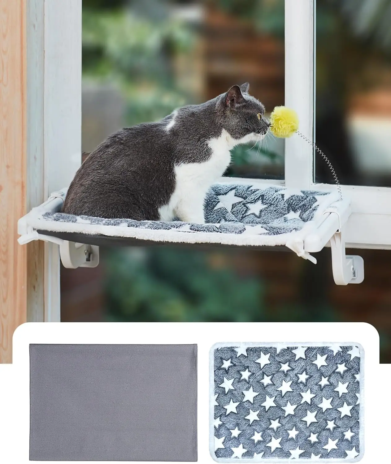 

Cat Window Sill Perch with Fabric Cover, Sturdy Metal Frame, No Drill Installation