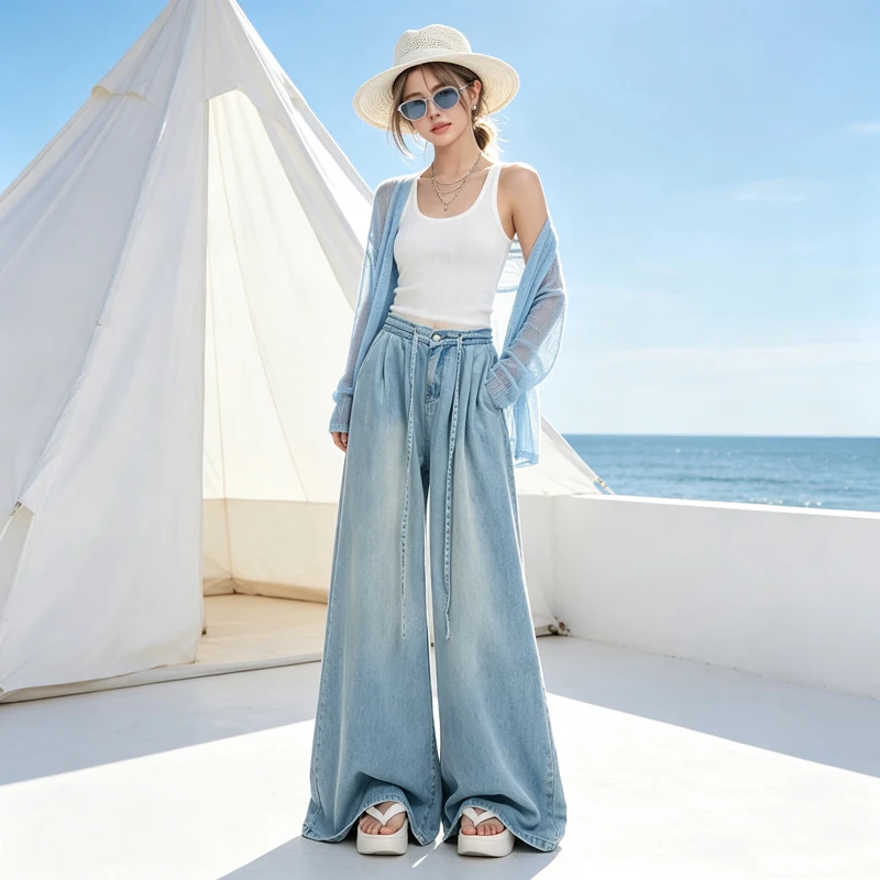 Women Lyocell Ice Silk Wide Leg Jeans Thin High Waist Drawstring Draped Hip Cover American Loose Floor Length Denim Pants