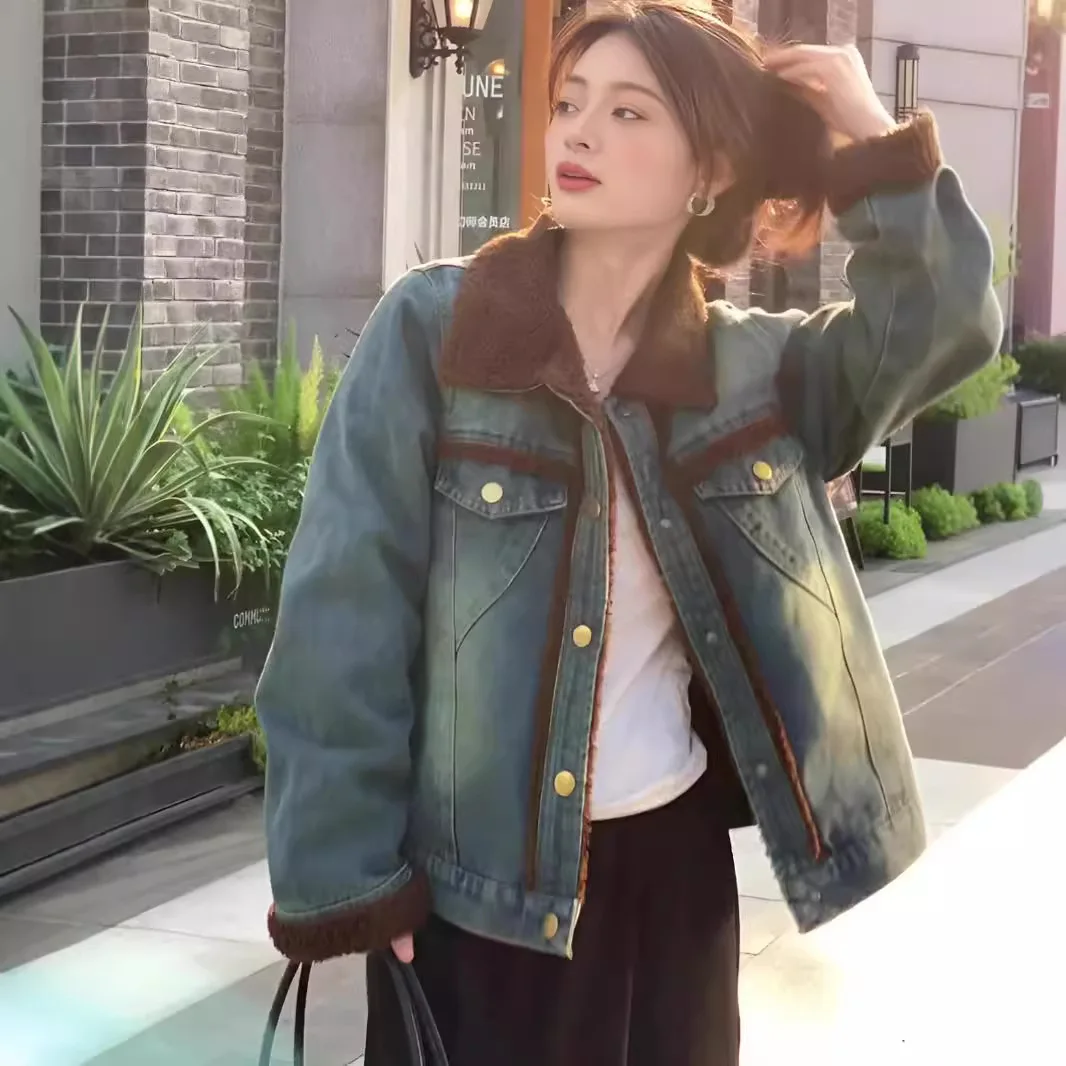 

Denim Coat Women Winter Thick Jackets Single Breasted Turn Down Collar Pockets Washed Distressed Streetwear Outerwear 2025