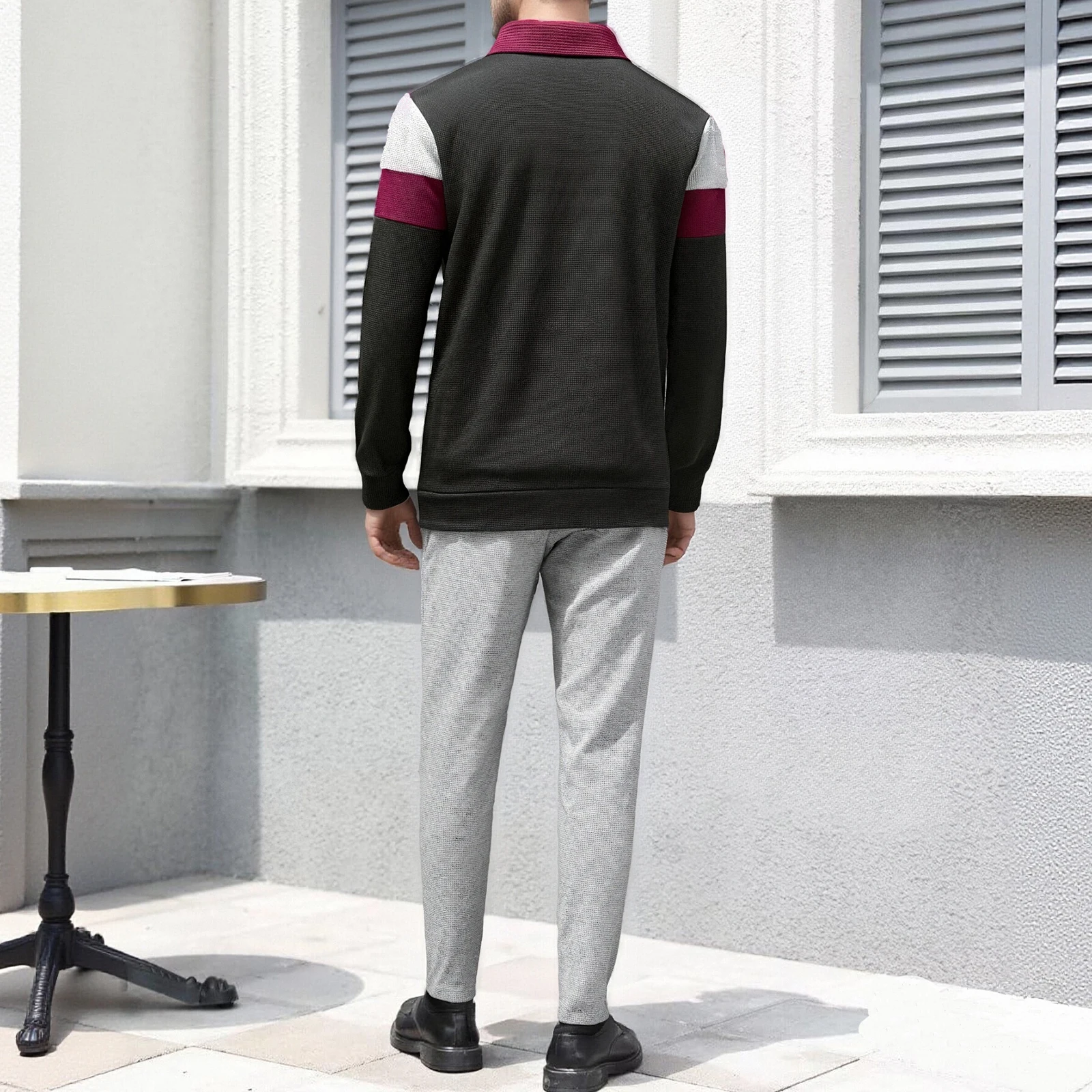 Men's Leisure Suits Stylish Contrast Color Zip Up Collared Long Sleeve Jacket and Pants 2 Pcs Set for Fall