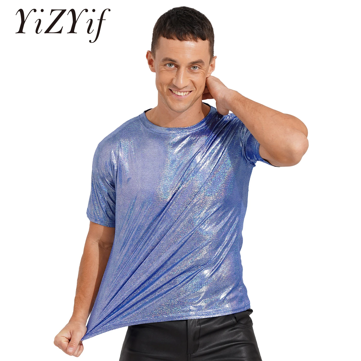 Men T Shirt O-neck Shiny Short Sleeve Party Clubwear Camisetas Fitness 2023 Streetwear Stretch Fashion Casual Men Clothing