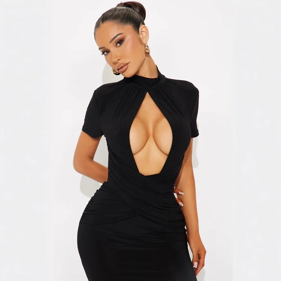 2025 여름 여성 의류 섹시한 컷아웃 반팔 단색 클래식 핫걸 스타일 패션 롱 드레스 인스 스타일