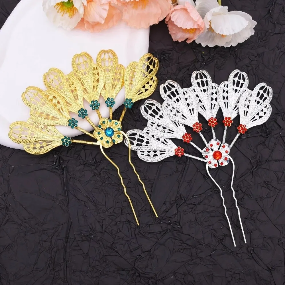 

Golden Rhinestone Flower Hairpin Metal Crystal Thai Style Leaf Hair Stick Silver Alloy Ethnic Headdress Jewelry