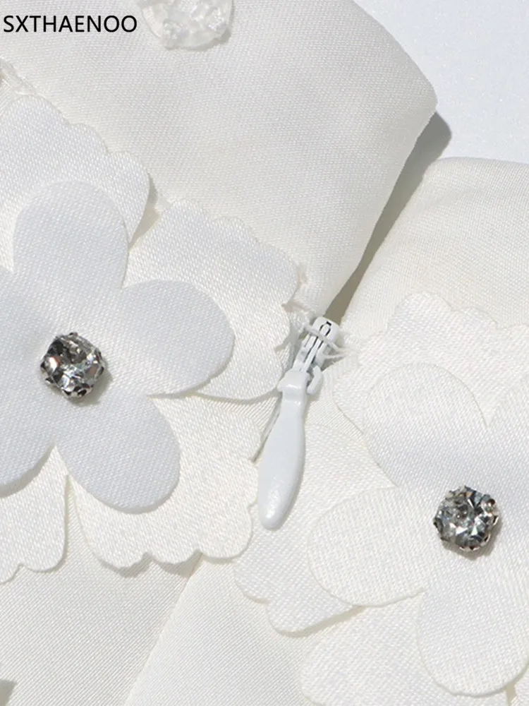 SXTHAENOO Zomer Dames 3D Bloem Diamant Witte Mini Jurk Sexy Opstaande Kraag Mouwloze Losse Celebrity Party A-lijn Dres