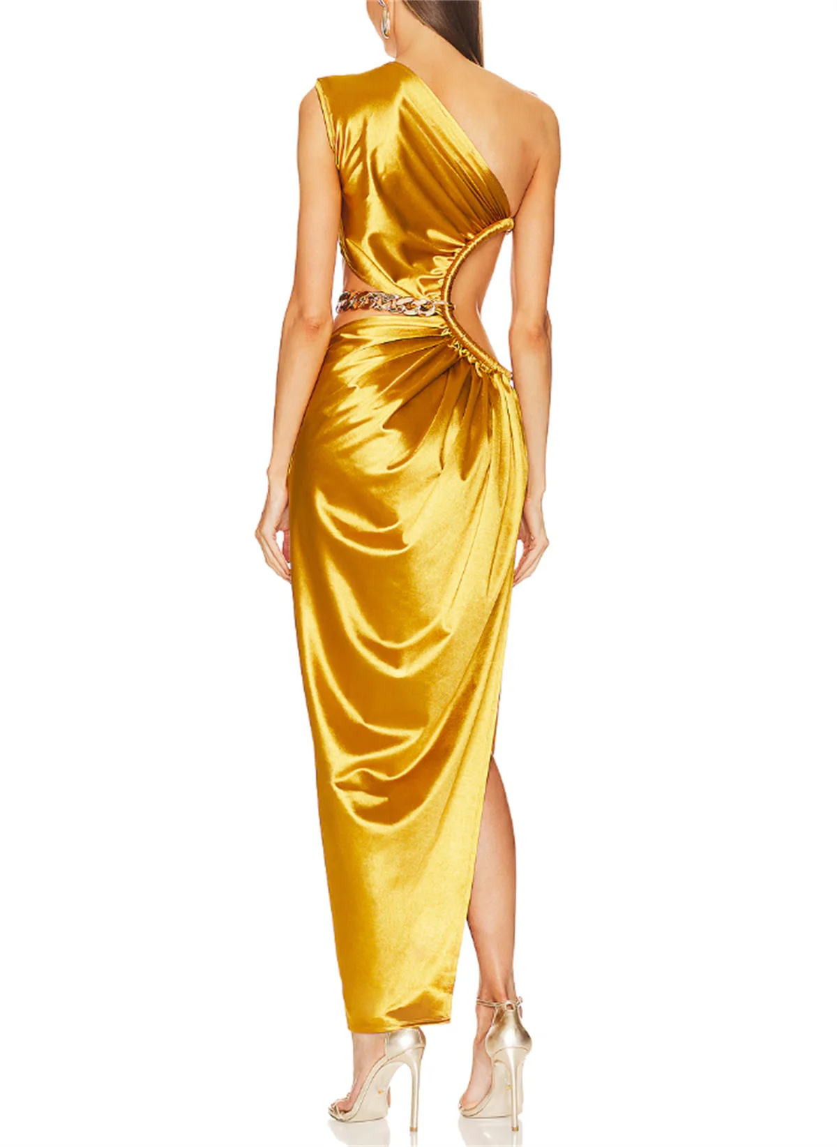 Luxury Gold One Shoulder Prom Dress Sleeveless Satin Evening Dress Sexy Waistless Asymmetrical Skirt Special Occasion 2024Custom