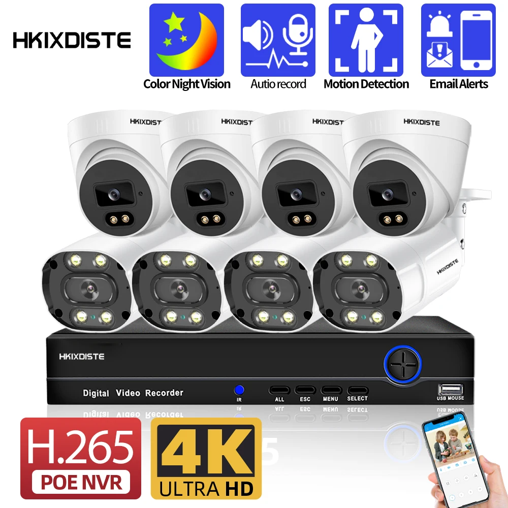 

POE CCTV Camera Security System Kit 4K 8CH NVR Kit Full Color Night Vision IP Camera Video Surveillance System Set 2 Way Audio