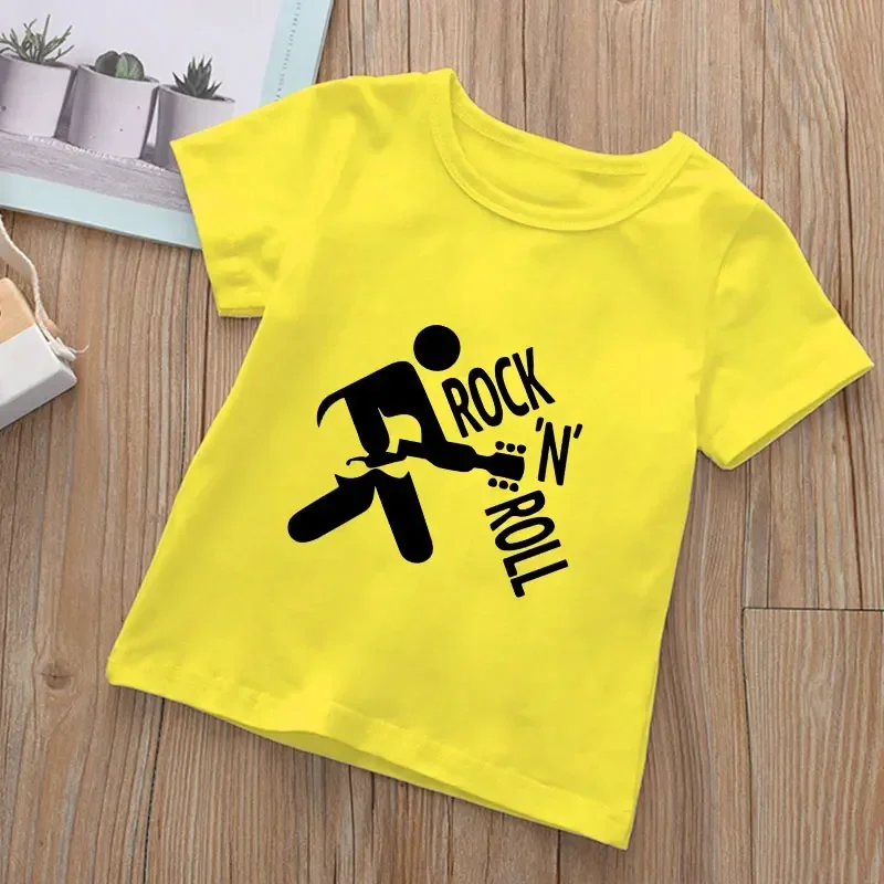 White Kids Short Sleeve T-Shirt Rock N Roll Guitar Player Silhouette Print Casual Music Style Tee for Daily Street Outfit
