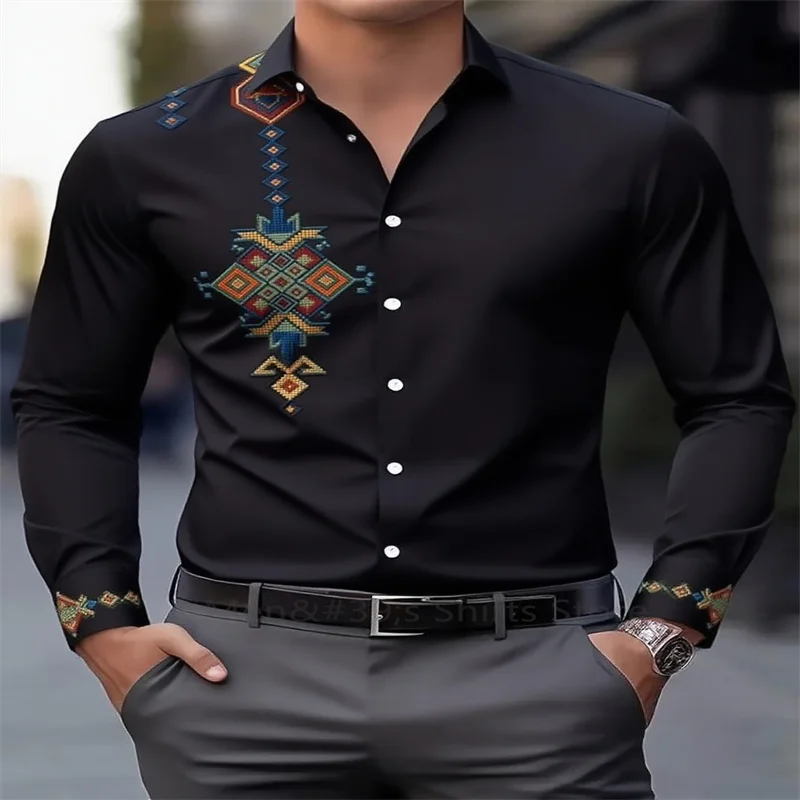 جديد الرجال العرقية القبلية نمط قميص مطبوع الرجعية عادية التلبيب كم طويل الأعمال قميص عطلة هدية الرجال بلايز #4