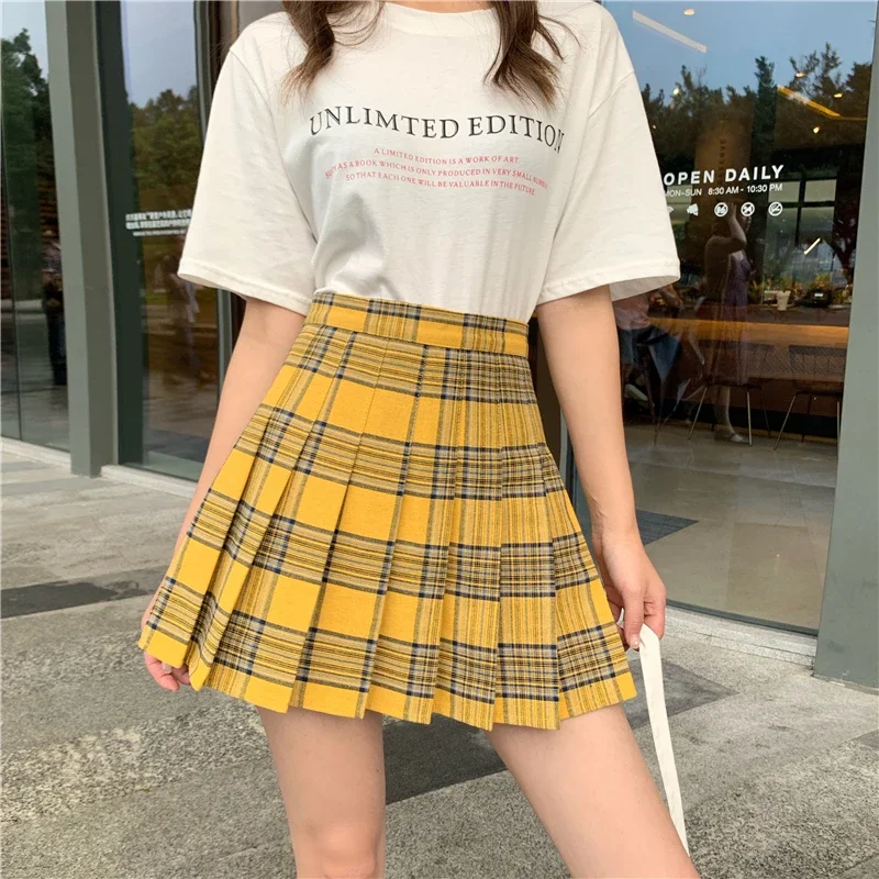 Ruibbit Gothic Punk Harajuku Women Skirts Casual Cool Chic Preppy Style  Yellow Plaid Pleate Female Fashion Skirts