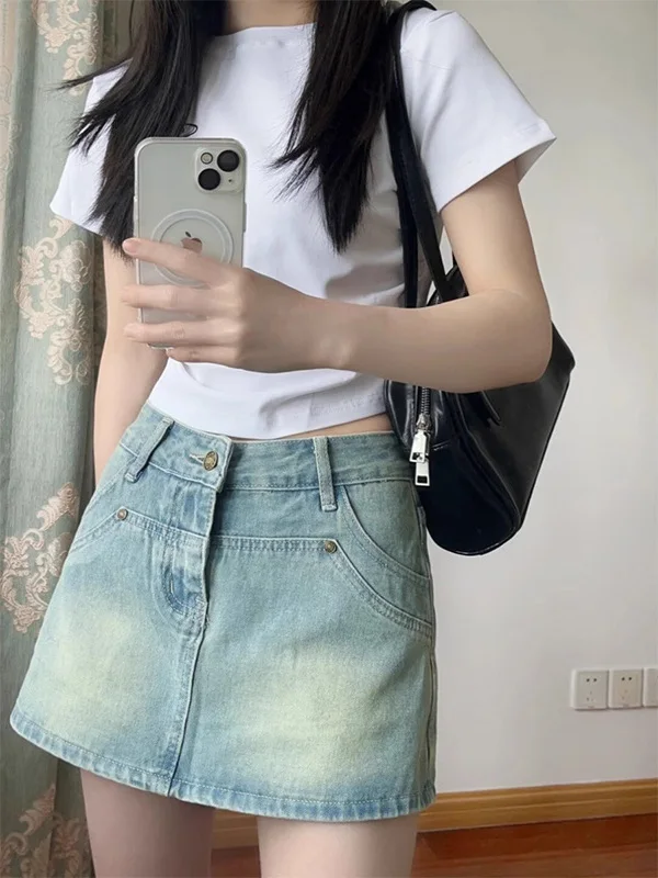 

Светло-голубые женские летние модные универсальные джинсы-юбка А-силуэта с высокой талией, скрывающие бедра, с эффектом похудения