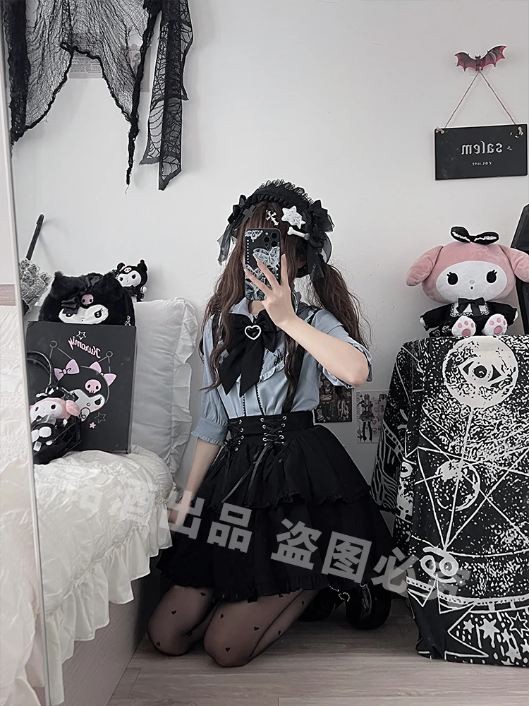 New Summer Japanese Girl Women's Cute Lace Bow Short Sleeve Shirt Blouses Suspender Skirt Mine Series Mass Production Skirt Suit image 5