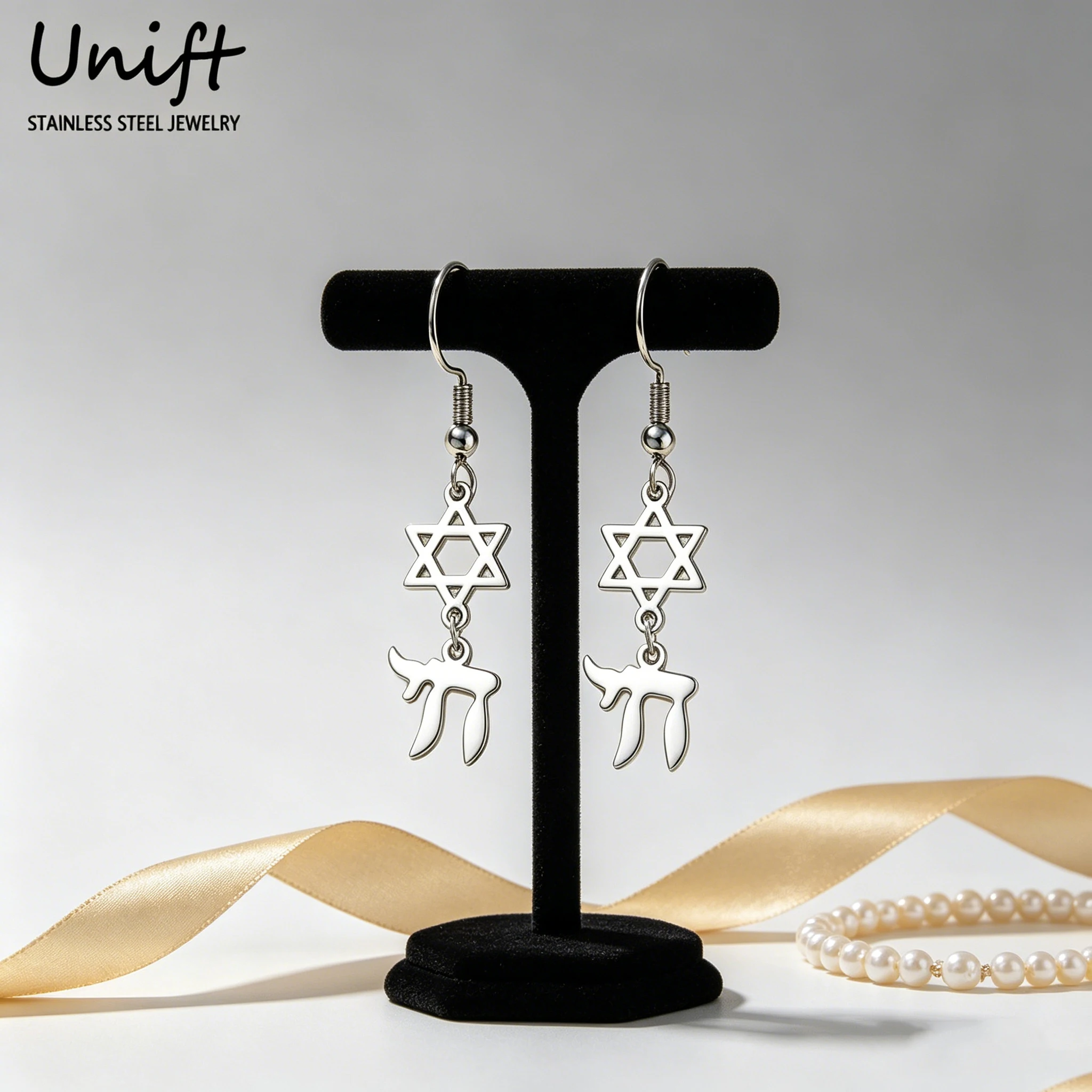 Unift Star of David Earrings for Women Jewish Hebrew Letter Chai Pendant Hoop Stainless Steel Hexagram Earrings Jewelry Gifts