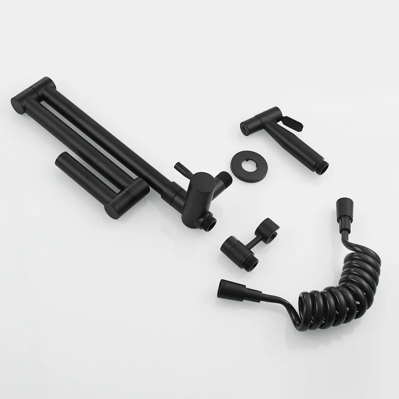 Pot Filler Faucet Wall Mount Matte Black/Chrome/Brushed Solid Brass Double Joint Swing Arm Folding Kitchen Tap with Sprinkler