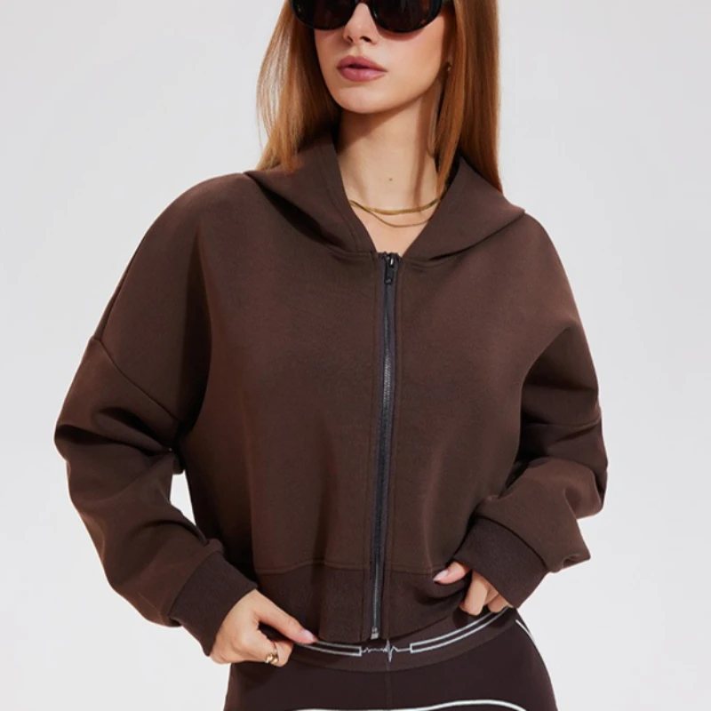 autumn women's loose sports jacket zipper hooded sweater outdoor casual running yoga long sleeve sports fitness short jacket