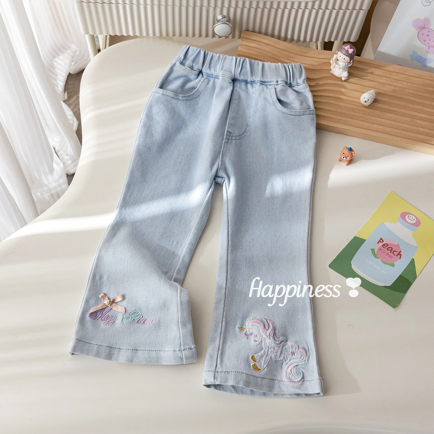 

2026 Spring Toddler Girls Bootcut Jeans Cartoon Embroidery Kids Baby Girl Flared Pant Spring Mid Waist Children Girls Demin Pant