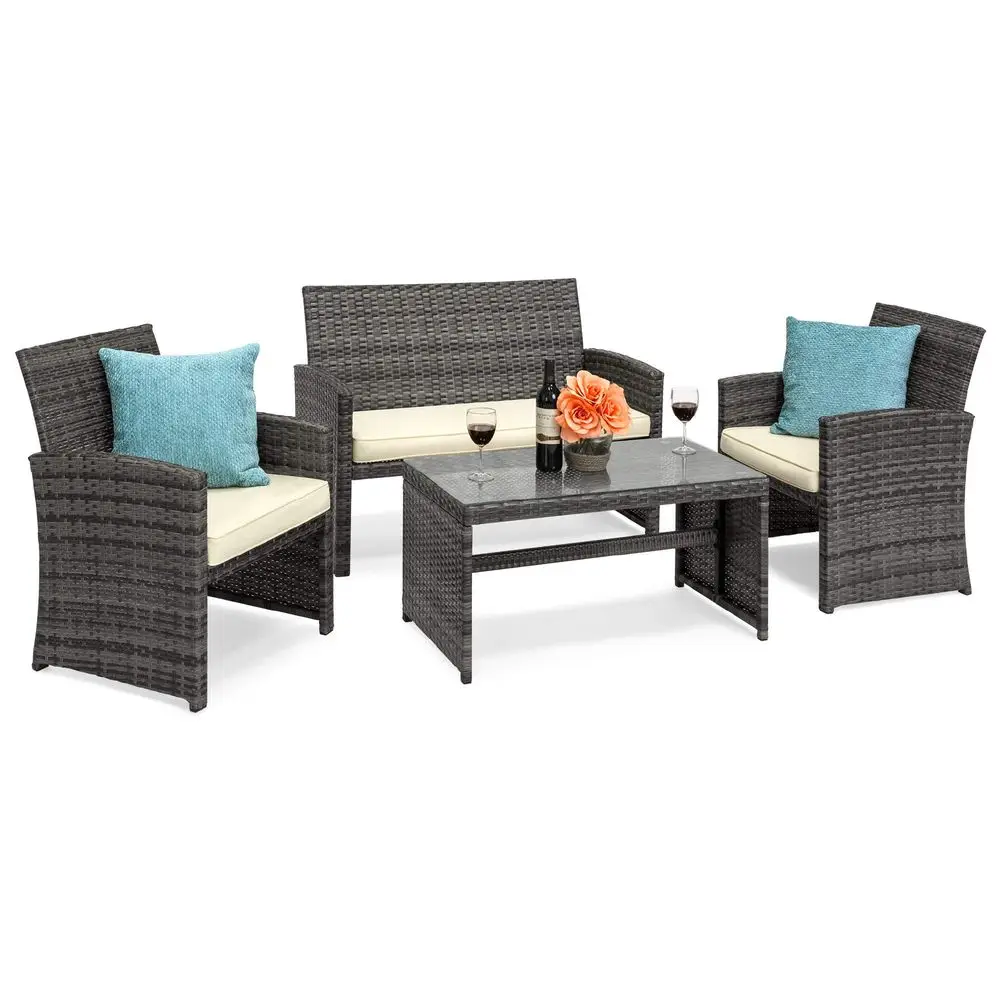 

4Piece Outdoor Wicker Patio Conversation Furniture Set for Backyard w Coffee Table, Seat Cushions Gray Cream