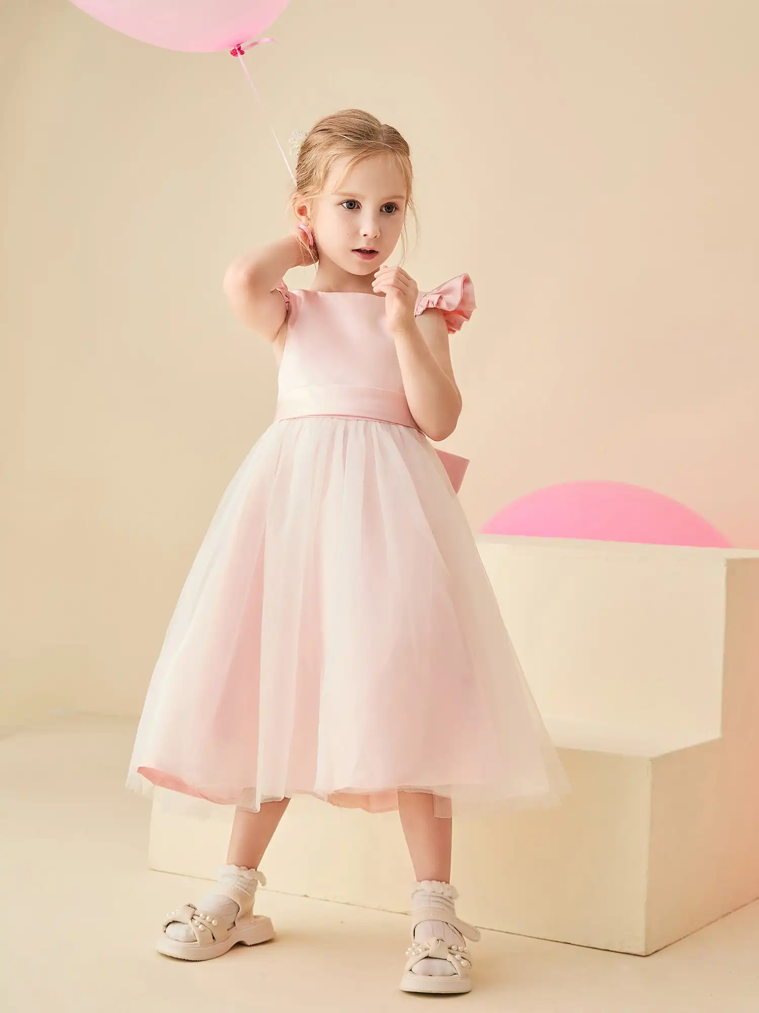 Vestido Flower Girl com Cap Sleeves, A-Line, Decote da colher, Cap Sleeve, Tule, Cetim, Casamento, Crianças, Aniversário, Chá-Length Party Gowns