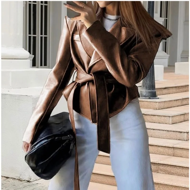 PU Leather Jacket for Women Frog Buttons Long Sleeve Belted Pockets Coat New 2026 Autumn Fashion Casual Versatile Jackets